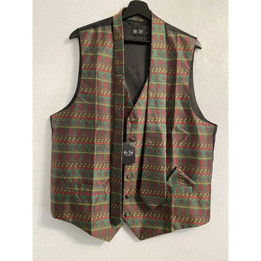 4 Pc Hi Tie Men's XL Holiday Christmas Vest, Tie, Cuff Links, Handkerchief C6